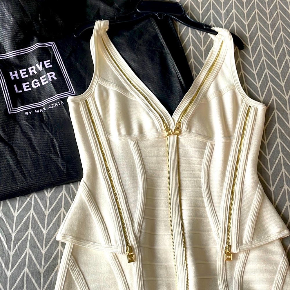 Authentic Herve Leger cream and gold zipper dress. BRAND NEW. Never worn. Sz M